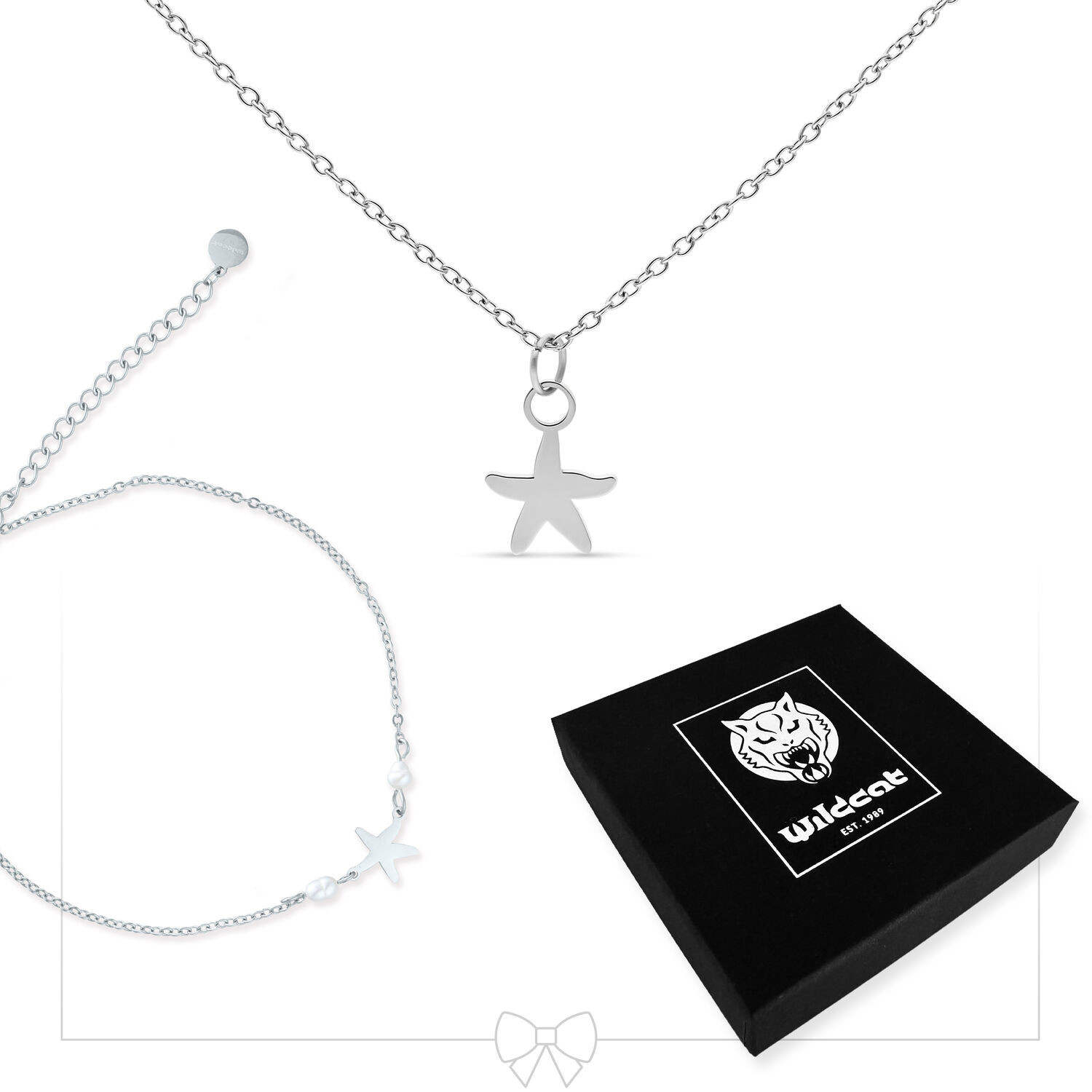 Seestern Schmuckset in Silber Silbernes Seestern Halsketten- und Fußkettchen-Set mit schwarzer Wildcat-Schachtel