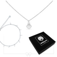 Silberne Halskette und Fußkettchen Set Silberne Halskette mit Muschel-Anhänger und passendem Fußkettchen, schwarze Box