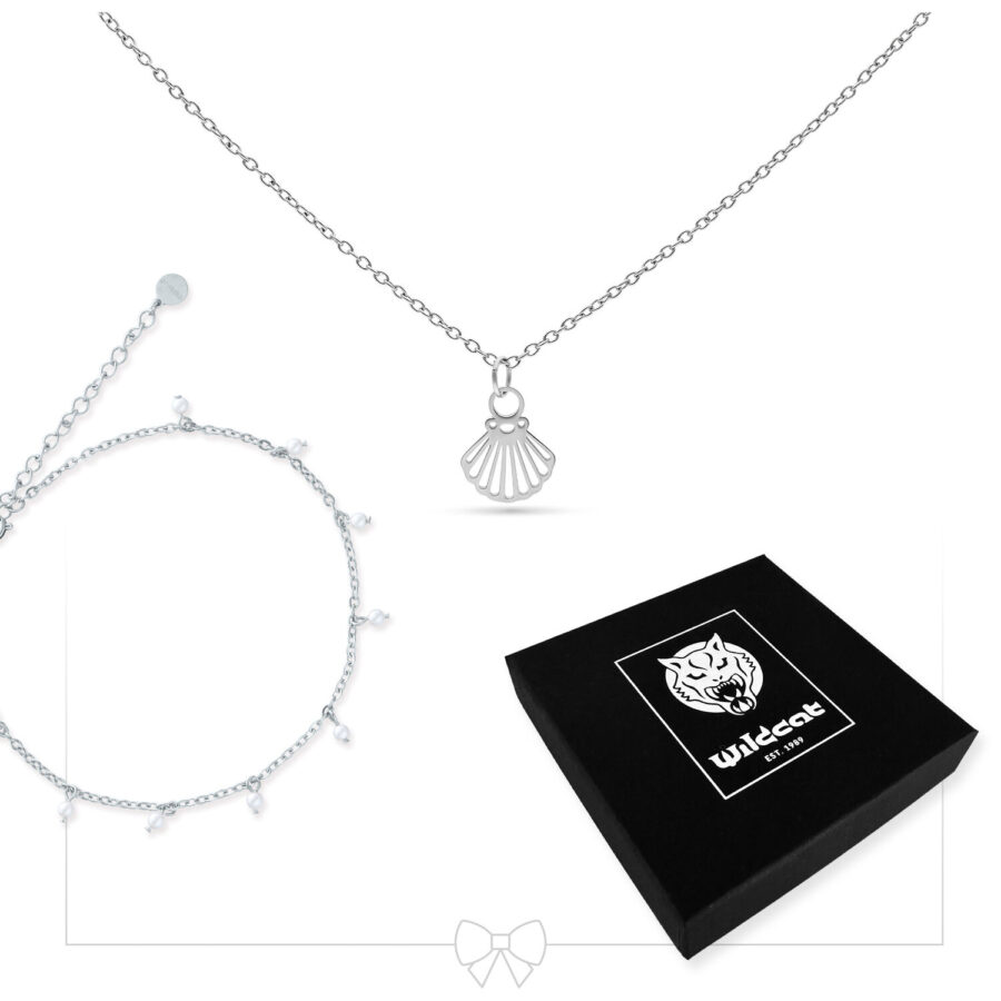 Silberne Halskette mit Muschel-Anhänger und passendem Fußkettchen, schwarze Box