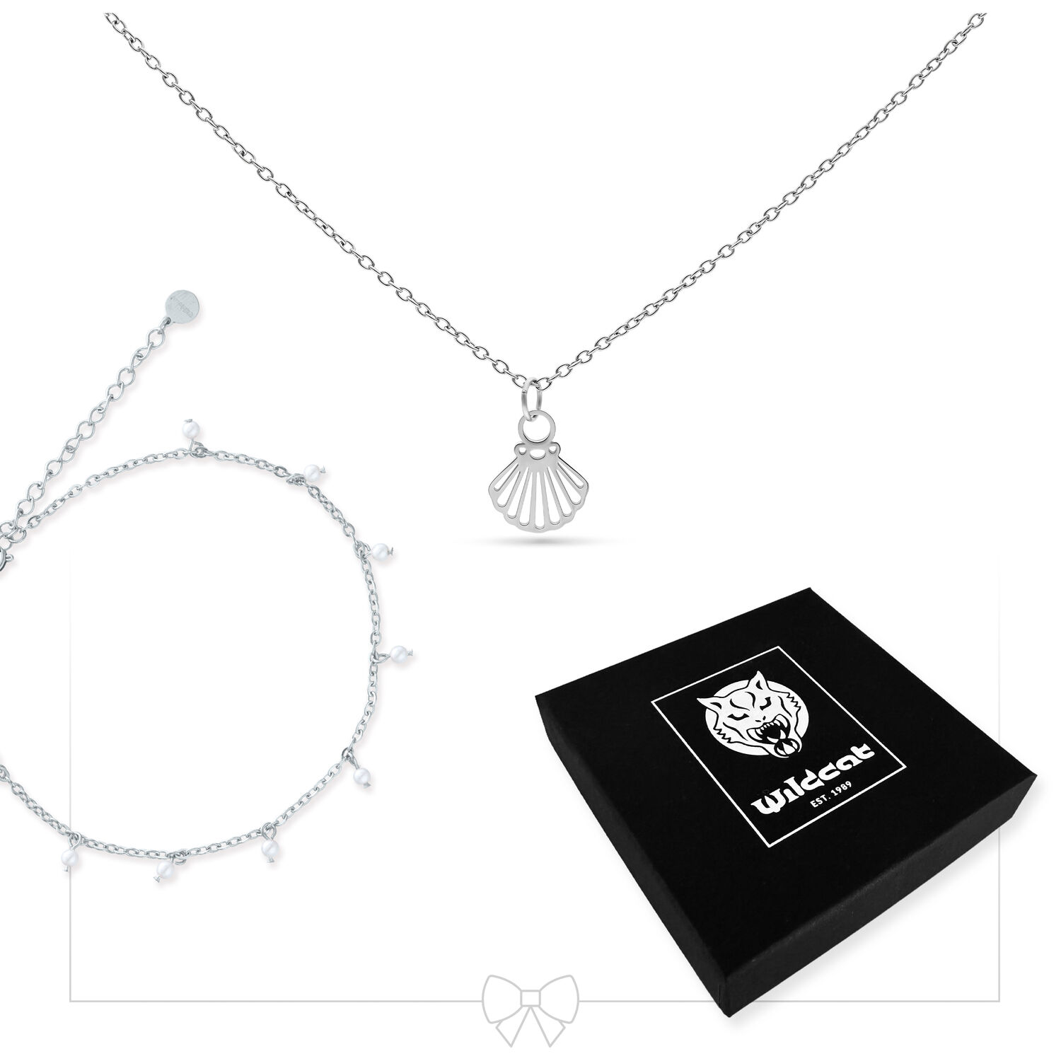 Silberne Halskette und Fußkettchen Set Silberne Halskette mit Muschel-Anhänger und passendem Fußkettchen, schwarze Box
