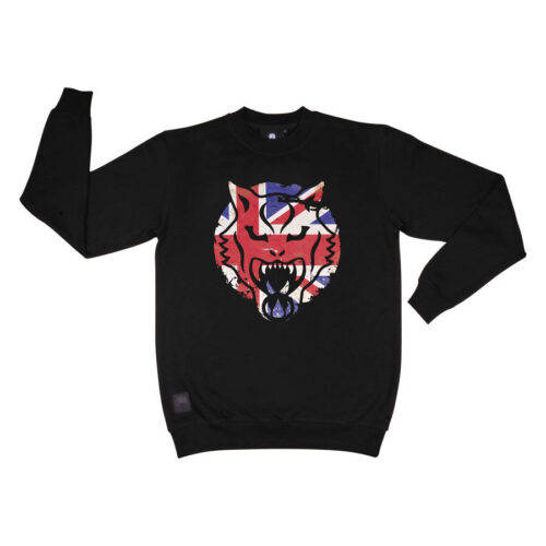 Schwarzes Sweatshirt mit farbigem Tiger-Print auf weißem Hintergrund