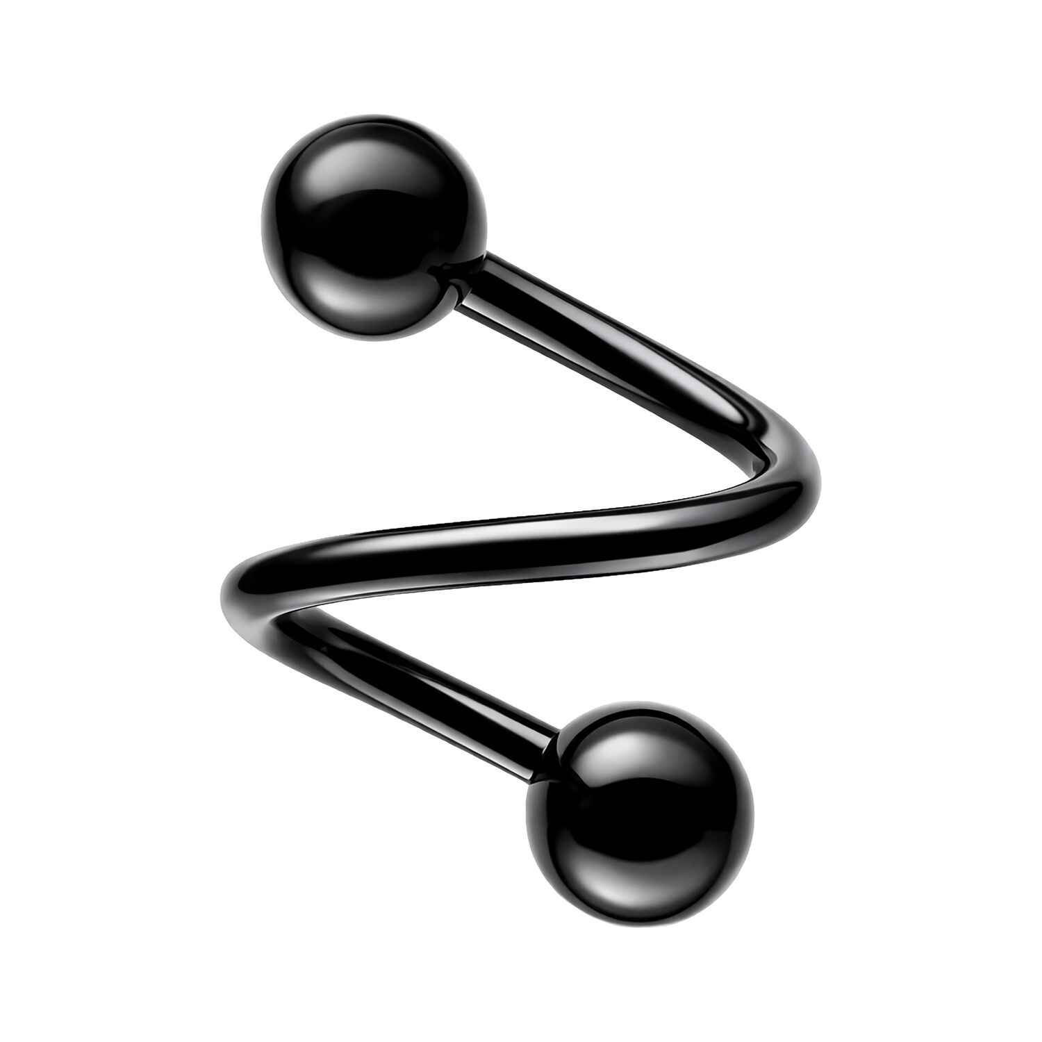 Schwarze Bodyspirale mit Kugeln Schwarze Spirale aus Chirurgenstahl mit zwei Kugeln auf weißem Hintergrund