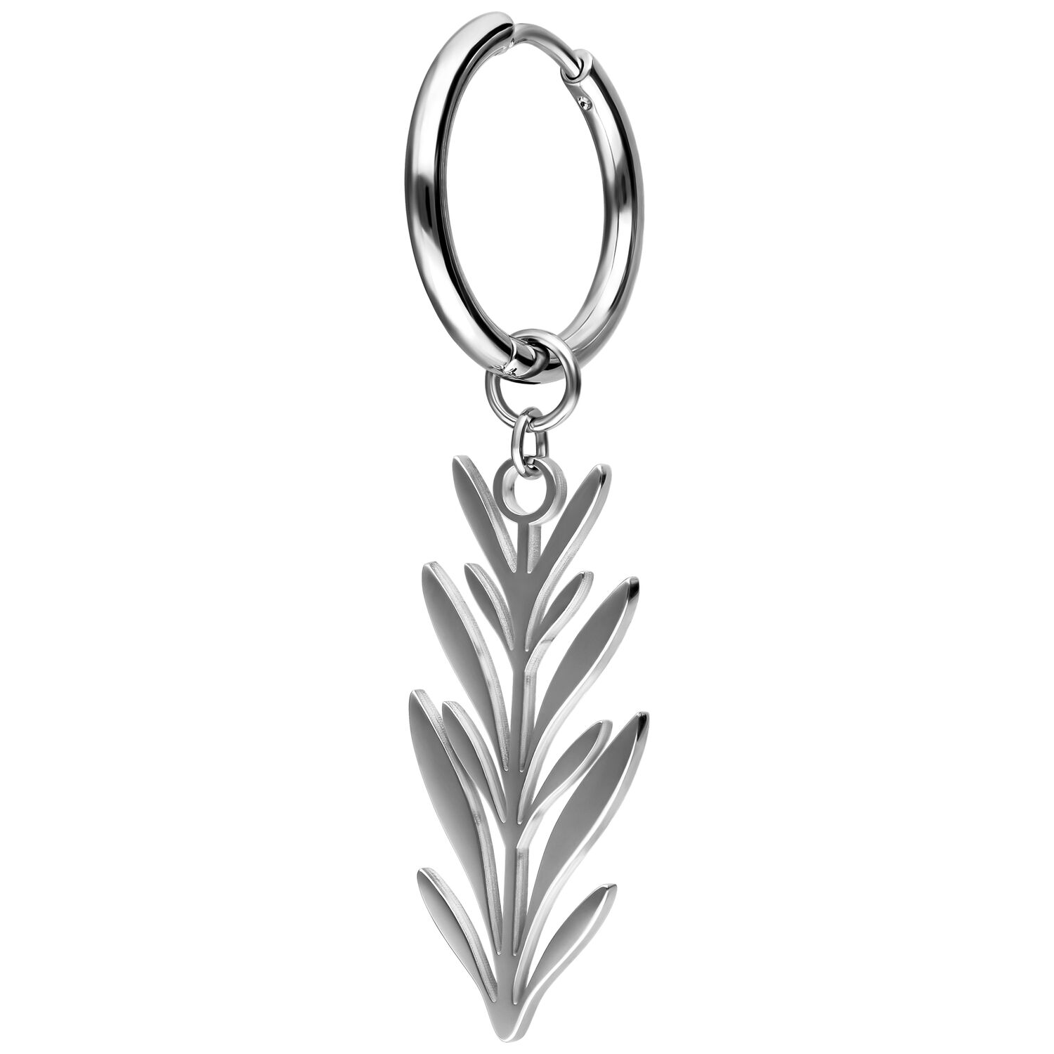 Silberne Ohrringe mit Blatt-Anhänger Silberne Ohrringe mit einem detaillierten Blatt-Anhänger auf weißem Hintergrund.