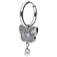 Silberner Ohrring mit Schmetterlingsanhänger Silberner Ohrring mit Schmetterlingsanhänger und lila Kristall, hängender Perle