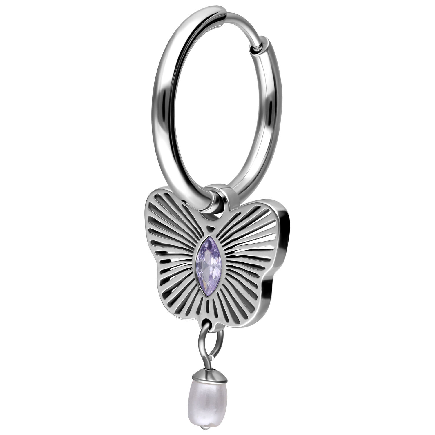 Silberner Ohrring mit Schmetterlingsanhänger Silberner Ohrring mit Schmetterlingsanhänger und lila Kristall, hängender Perle