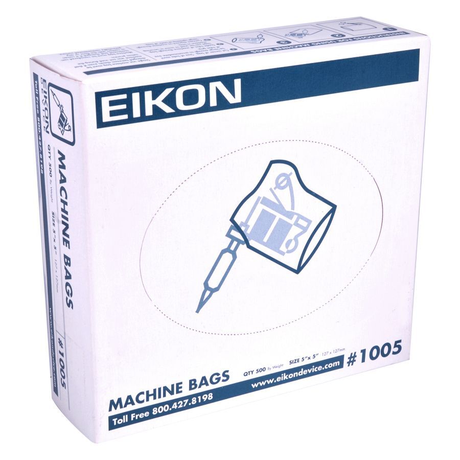 Eikon Machine Bags in weißer Verpackung Weiße Verpackung der Eikon Machine Bags mit blauem Logo