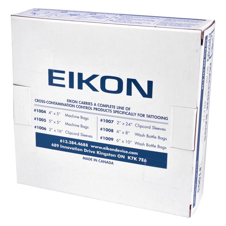 Eikon Machine Bags in Kartonverpackung Weiße Kartonverpackung mit blauem Eikon-Logo und Produktinformationen