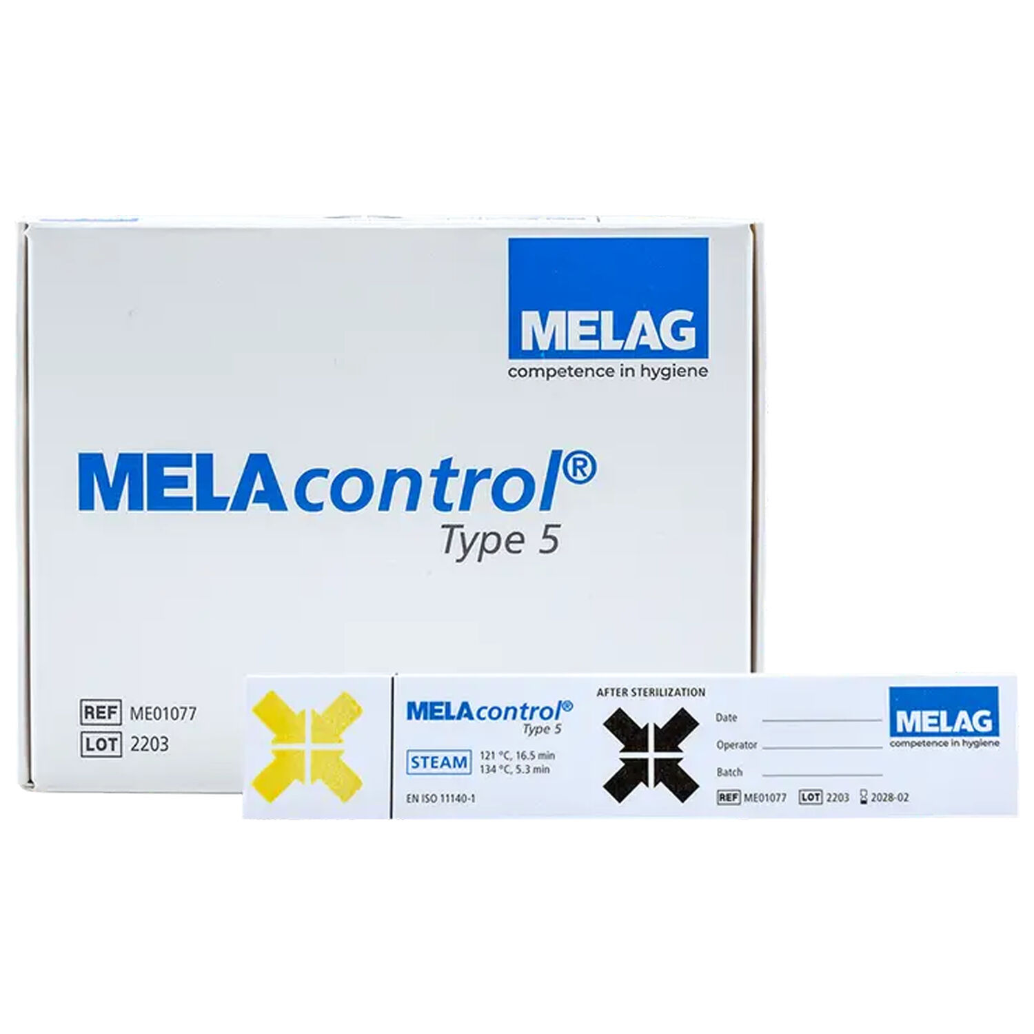 MELAcontrol Typ 5 Indikator VE250 MELAcontrol Typ 5 Indikator Packung und Teststreifen auf weißem Hintergrund