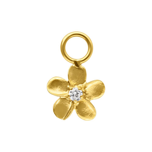 Goldener Blumenanhänger mit fünf Blütenblättern und einem Kristall in der Mitte auf weißem Hintergrund