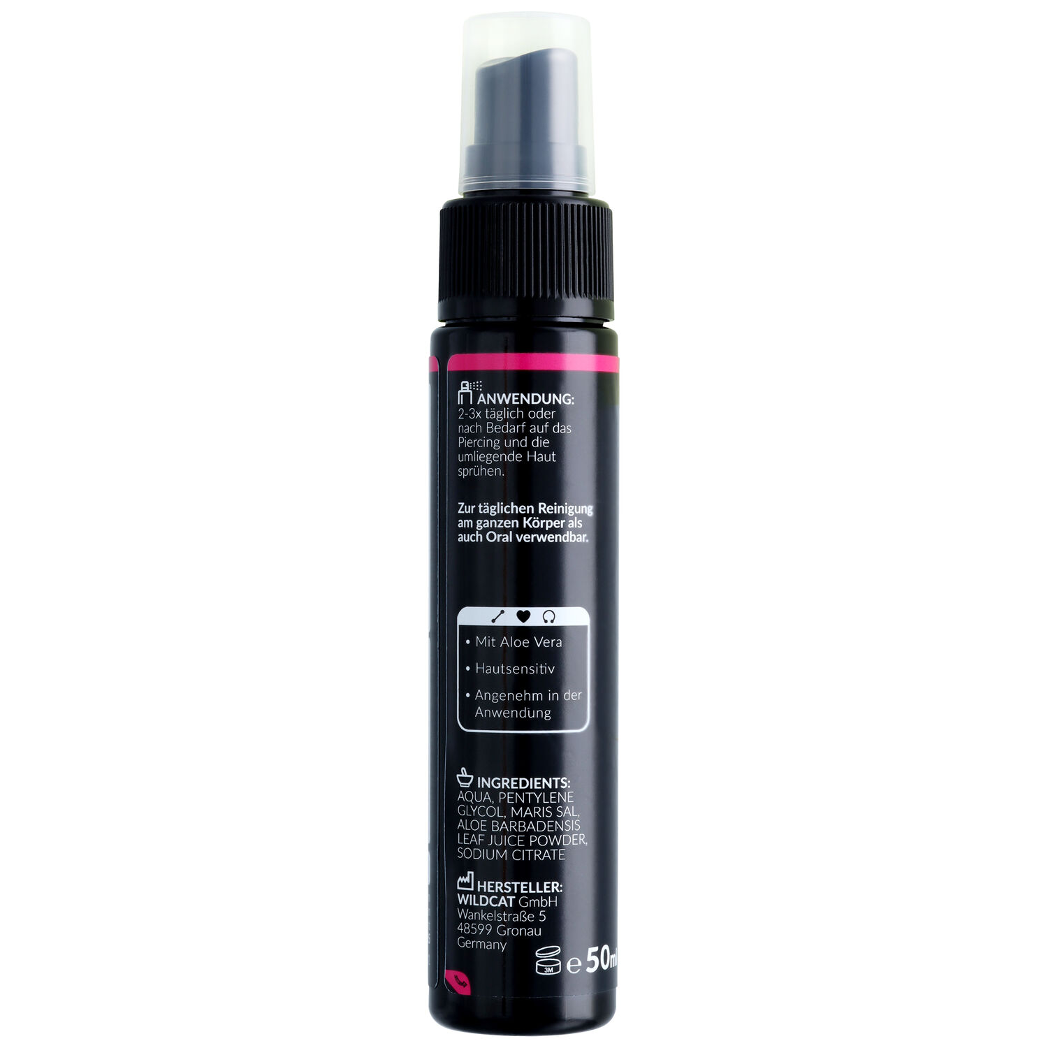Piercingspray 50ml mit Aloe Vera Schwarzes Piercingspray mit weißer und pinker Schrift, 50 ml Flasche