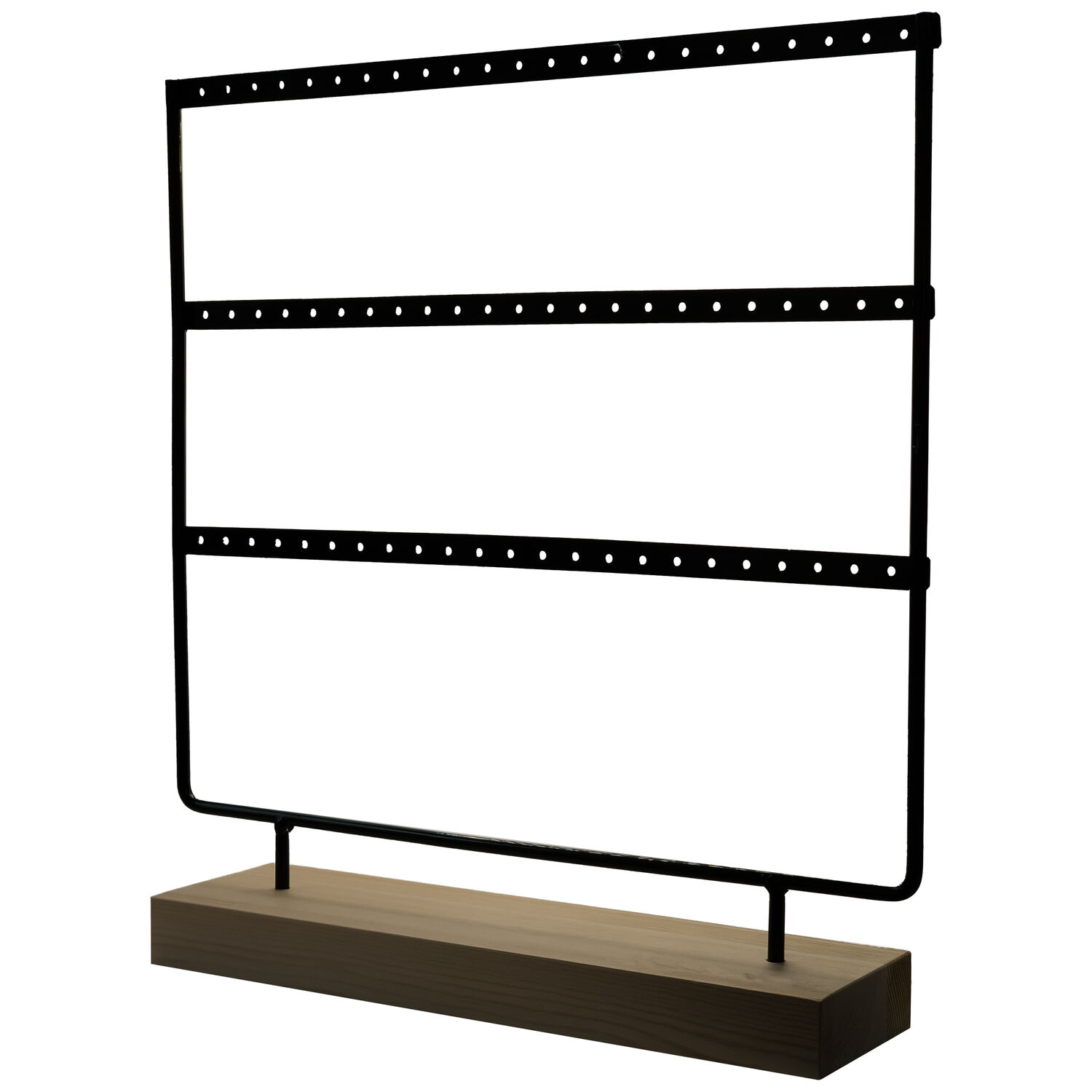 Schwarzes Display für Hoops auf Holzsockel Schwarzes Display mit drei Reihen Löcher auf robustem Holzsockel