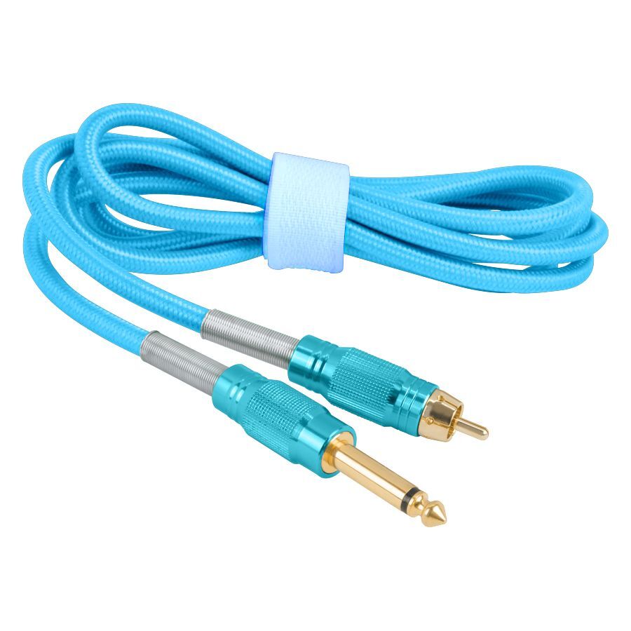 Türkisfarbener Parachute Cord Clip Cord RCA Türkises Kabel mit RCA-Anschlüssen auf weißem Hintergrund