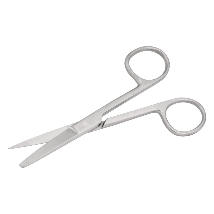 Edelstahl-Piercingschere spitz/stumpf Silberne Piercingschere aus Edelstahl mit spitzer und stumpfer Klinge auf weißem Hintergrund