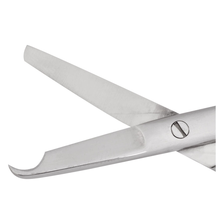 Silberne Piercing-Schere für präzises Schneiden Silberne Schere mit gebogener Spitze auf weißem Hintergrund
