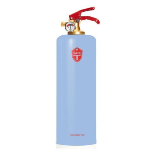 Blauer Feuerlöscher mit rotem Griff auf weißem Hintergrund