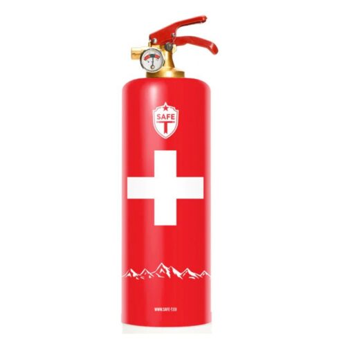 Roter Feuerlöscher mit Messingventil und Schweizer Kreuz auf weißem Hintergrund
