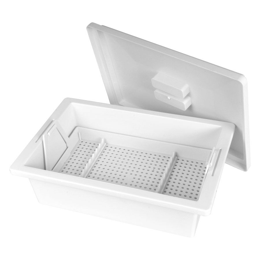 Weißes Steriletray 3 Liter mit Deckel Weißes Steriletray 3 Liter mit perforiertem Einsatz und abgenommenem Deckel