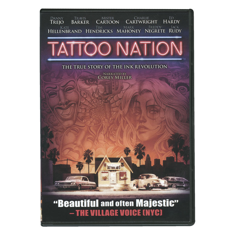 Tattoo Nation DVD – Die Tintenrevolution Cover der DVD Tattoo Nation mit buntem Design und Autos im Vordergrund