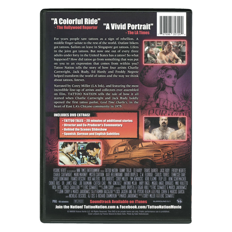 Tattoo Nation DVD Rückseite Design Rückseite der Tattoo Nation DVD mit Text und Bildern, schwarzer Hintergrund