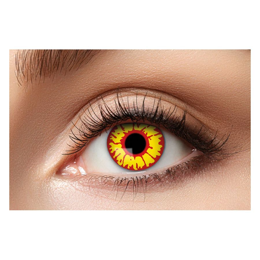 Ork Eye Kontaktlinsen in Gelb-Schwarz Gelb-schwarze Ork Eye Kontaktlinsen auf einem Auge mit natürlicher Hautfarbe