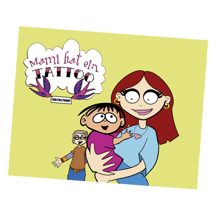 Mami hat ein Tattoo - Cartoon-Buchcover Cartoon-Buchcover mit Mama, Kind und Titel 'Mami hat ein Tattoo', gelber Hintergrund