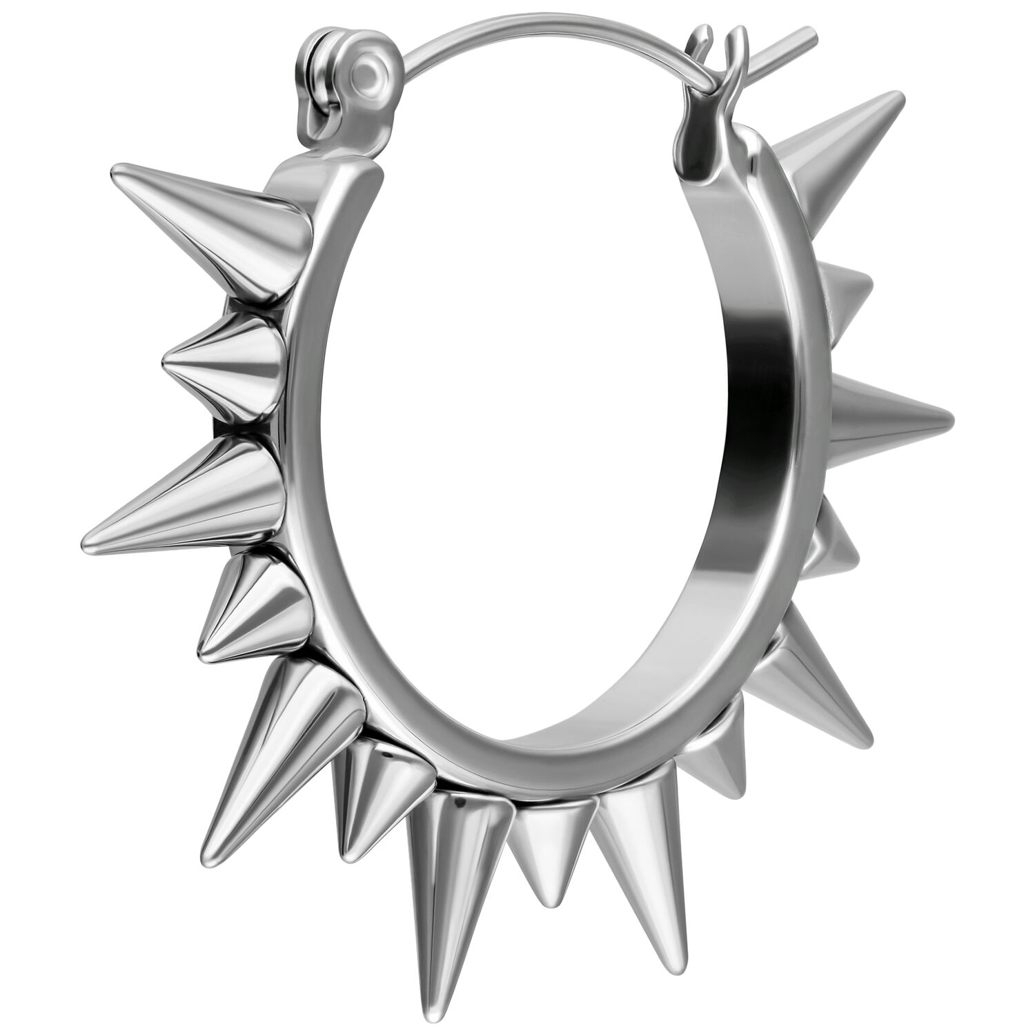 Silberne Spike-Ohrringe aus Stahl Silberner Ohrring mit spitzen Nieten auf weißem Hintergrund
