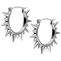 Silberne Spiked Ohrringe aus Chirurgenstahl Paar silberne Spiked Ohrringe aus Chirurgenstahl mit spitzen Nieten auf weißem Hintergrund