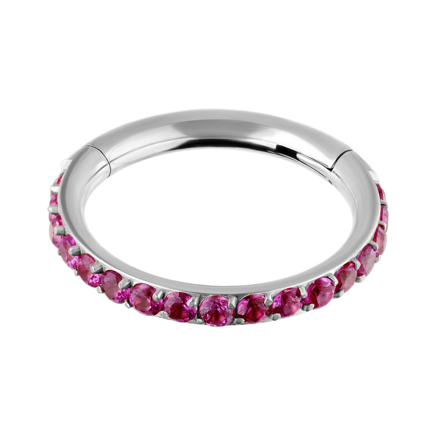 Silberner Klicker mit roten Kristallen, 12 mm Silberner Ring mit roten Kristallen auf weißem Hintergrund
