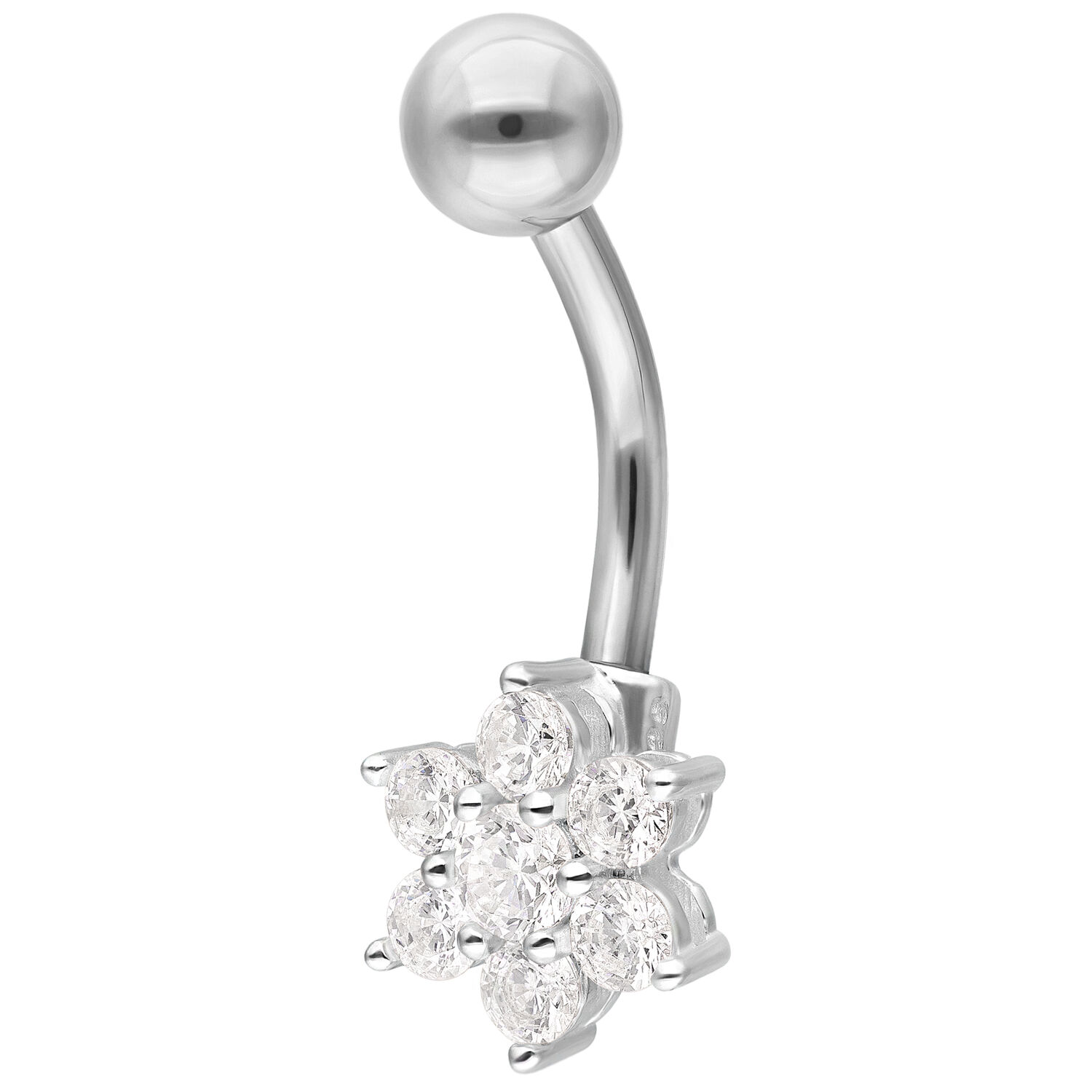 Silbernes Baby Flower Bananabell Piercing Silbernes Bananabell mit kristallklarer Blume auf weißem Hintergrund