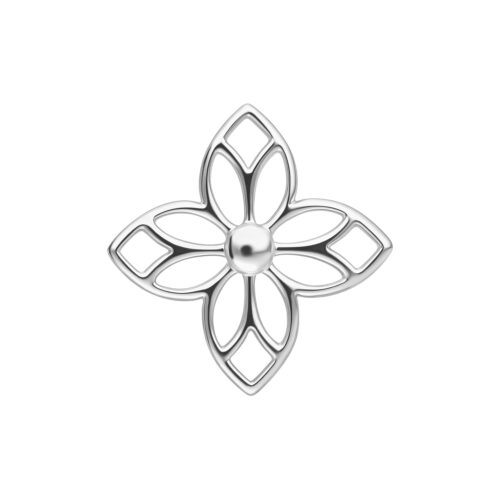 Silberner Blütenaufsatz für Piercings mit symmetrischem Design auf weißem Hintergrund
