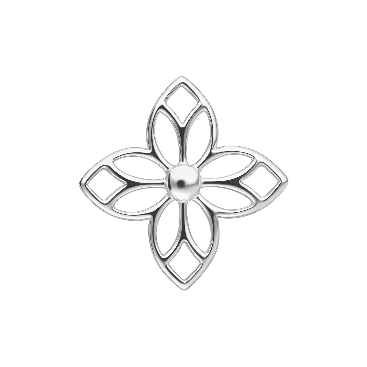 Silbernes Blütenornament für Piercing Silberner Blütenaufsatz für Piercings mit symmetrischem Design auf weißem Hintergrund