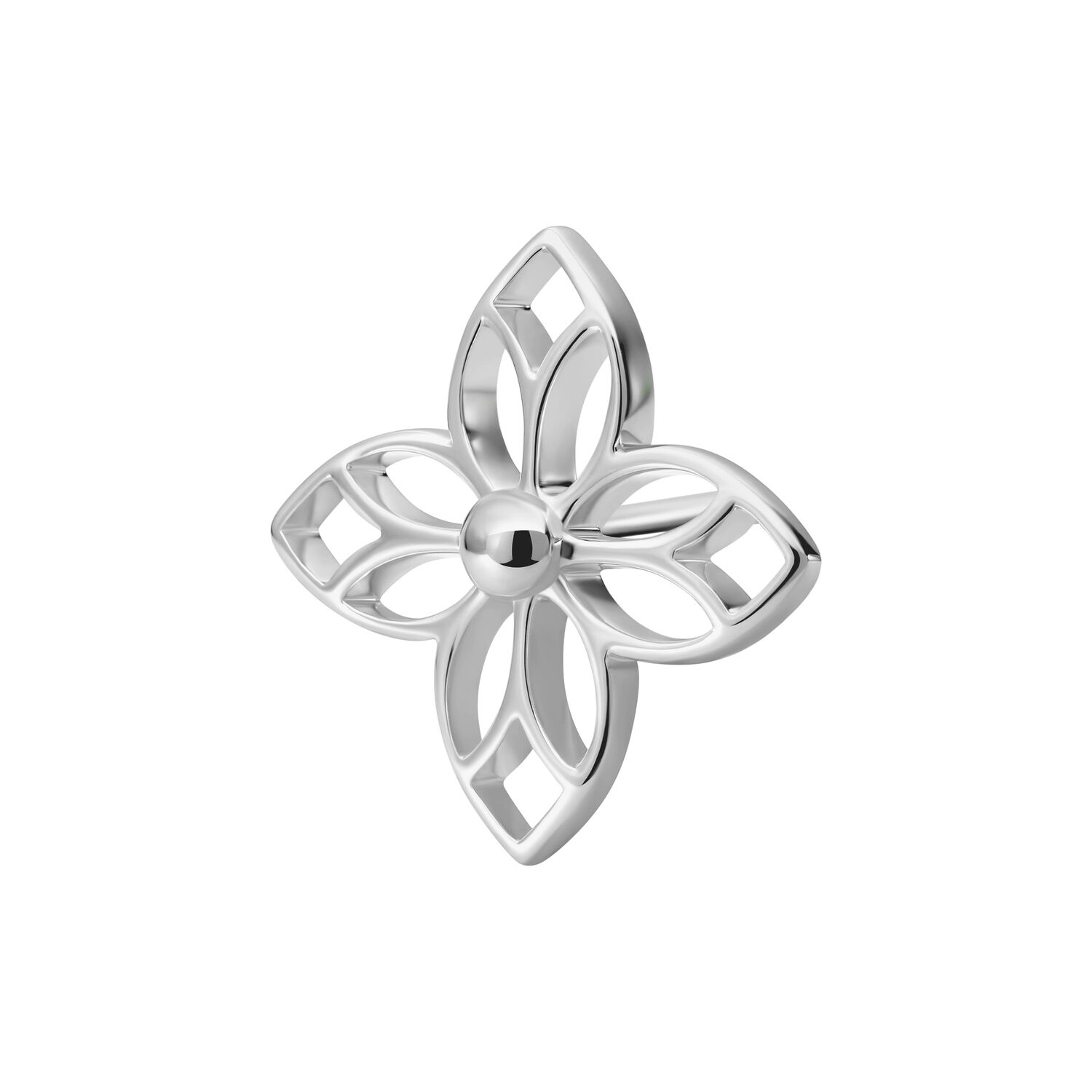 Silberner Blumenaufsatz für Piercings Silberner Blumenaufsatz in Form einer Blume mit vier Blütenblättern auf weißem Hintergrund