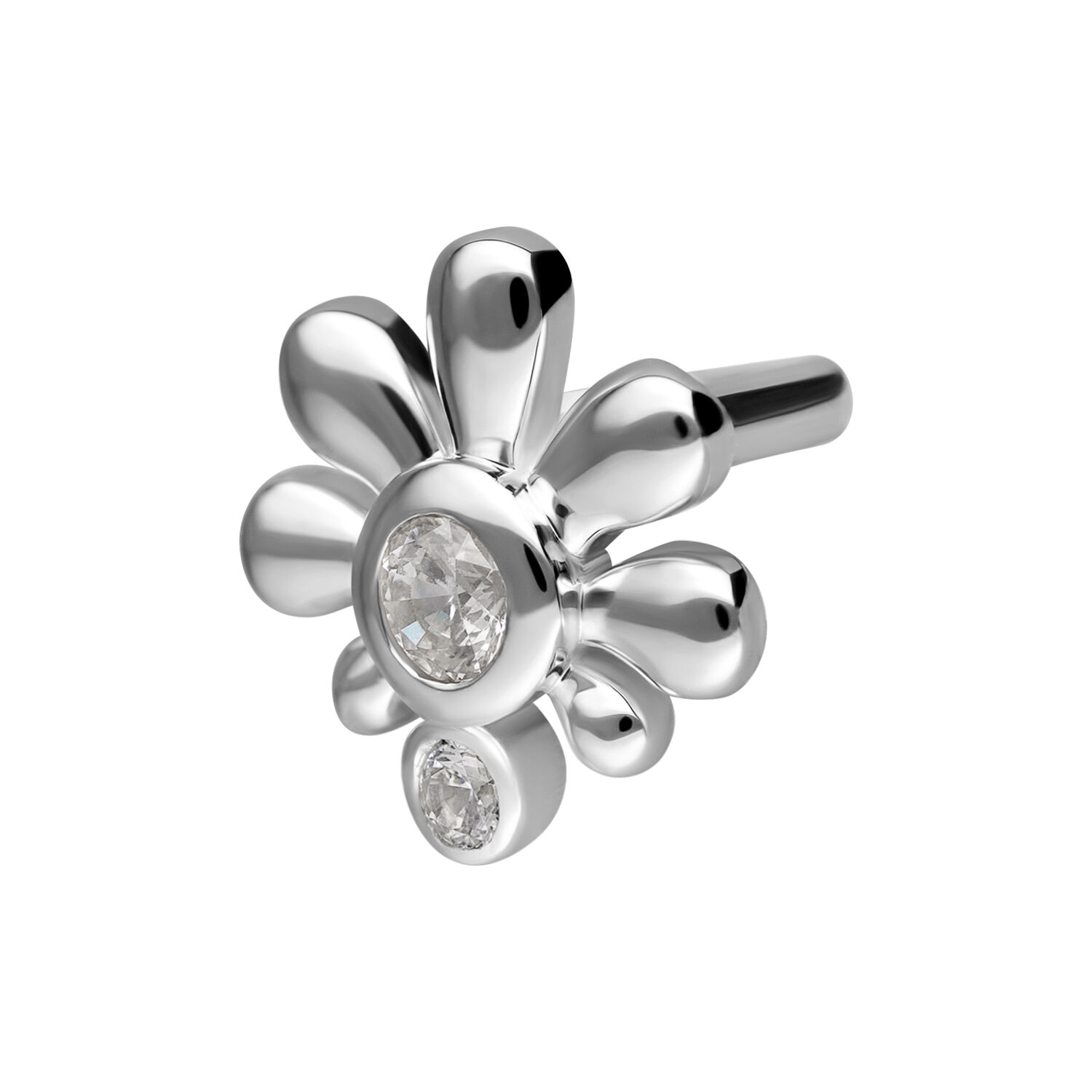 Silberner Blumen-Piercingaufsatz mit Kristall Silberner Blumenaufsatz mit runden Kristallen in der Mitte auf weißem Hintergrund