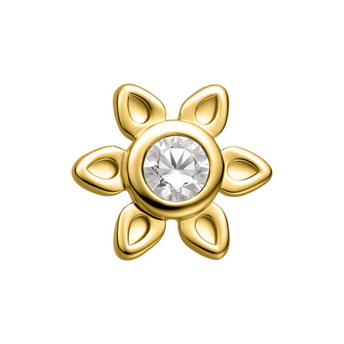 Goldener Blütenaufsatz mit klarem Kristall in der Mitte auf weißem Hintergrund
