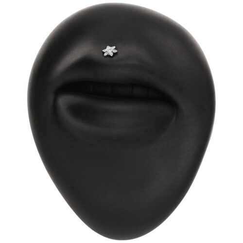 Schwarze matte Skulptur eines Gesichts mit silbernem Blumenaufsatz auf der Oberlippe