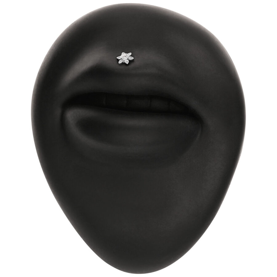 Schwarze matte Skulptur eines Gesichts mit silbernem Blumenaufsatz auf der Oberlippe