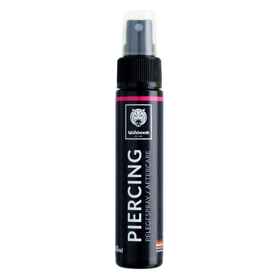 Wildcat Piercing Aftercare Spray 30ml Schwarze Sprayflasche mit Wildcat Logo, Aufschrift 'Piercing Pflegespray', 30ml