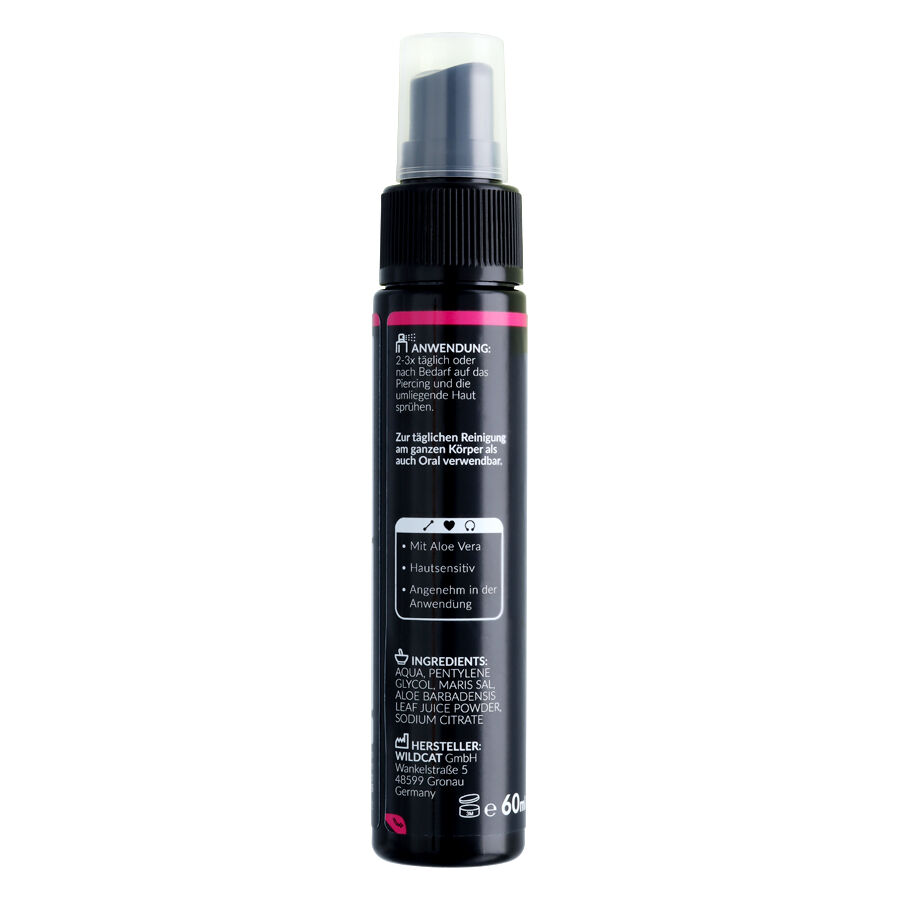 Piercingspray 60ml mit Aloe Vera Schwarze Sprühflasche mit 60ml Piercingspray, rotes Detail