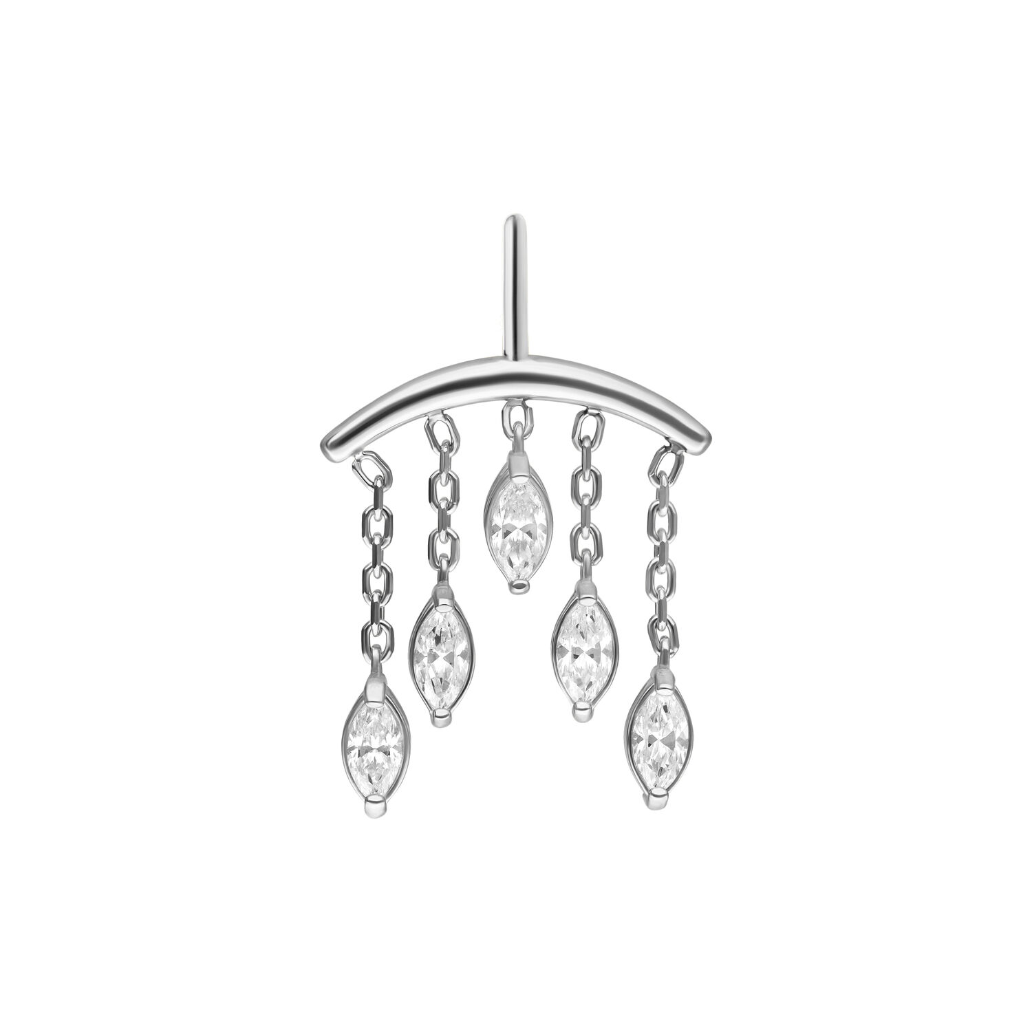 Silberner Helix Piercing Aufsatz mit Kristallen Silberner Piercingaufsatz mit fünf klaren Kristallen an Ketten, auf weißem Hintergrund