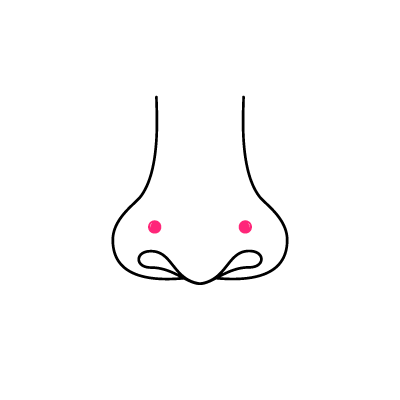 Linienzeichnung einer Nase mit markierten Punkten für Piercings auf weißem Hintergrund