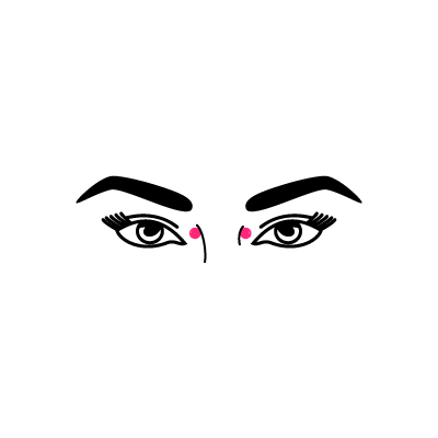 Grafik von Augen mit dicken Augenbrauen und pinken Piercings auf weißem Hintergrund