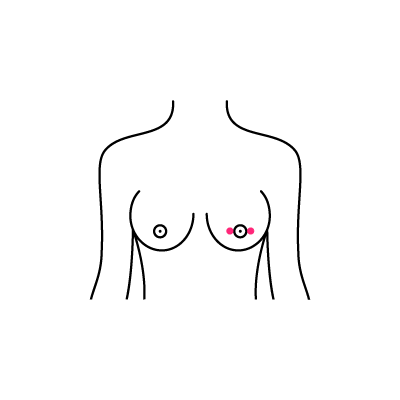 Illustration eines weiblichen Oberkörpers mit Brustwarzenpiercing, schwarze und rote Akzente, auf weißem Hintergrund