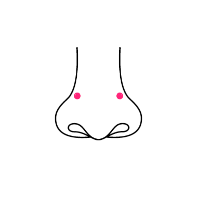 Minimalistische Skizze eines High Nostrill Piercings auf weißem Hintergrund mit rosa Punkten.