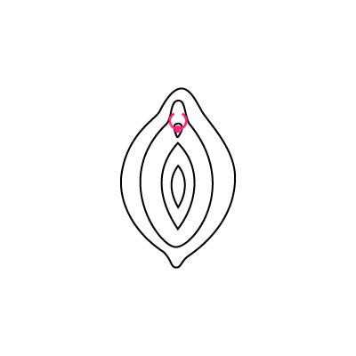 Schwarz-weiße Illustration einer Vulva mit pinkem Piercing-Design auf weißem Hintergrund