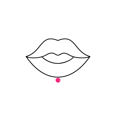 Schwarz-weiße Zeichnung von Lippen mit kleinem pinken Punkt darunter auf weißem Hintergrund