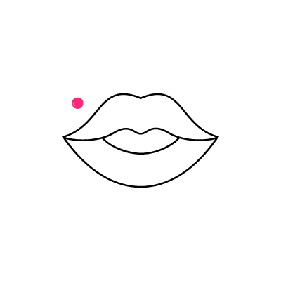 Schwarze Lippensilhouette mit pinkem Punkt auf weißem Hintergrund