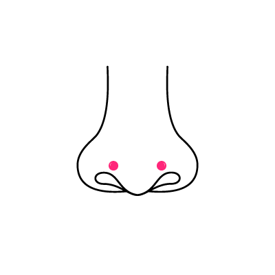 Minimalistische Skizze einer Nase mit zwei rosa Punkten und Linien auf weißem Hintergrund