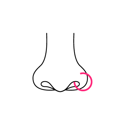 Schlichte schwarze Linienzeichnung einer Nase mit rosa Nasenpiercing auf weißem Hintergrund
