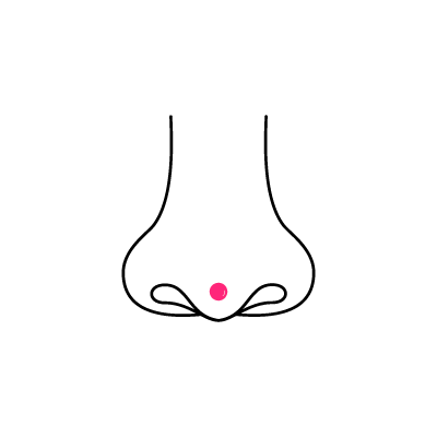Schwarze Linienzeichnung einer Nase mit einem pinkfarbenen Punkt auf weißem Hintergrund