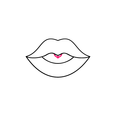 Minimalistische Zeichnung von Lippen mit Smiley-Piercing, schwarz-weiß mit rotem Detail.